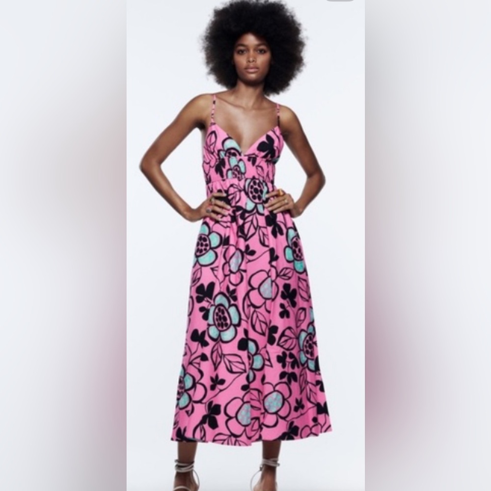 Zara Printed Poplin Midi Dress with Floral Print size S - Picture 14 of 15